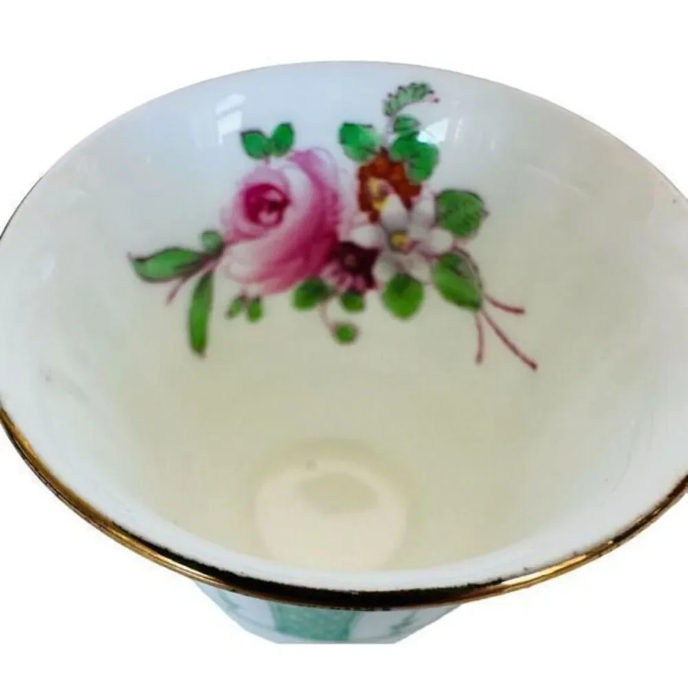 Crown Staffordshire Fine Bone China Demitasse Cup &‎ Saucer Green Lace Pink Rose